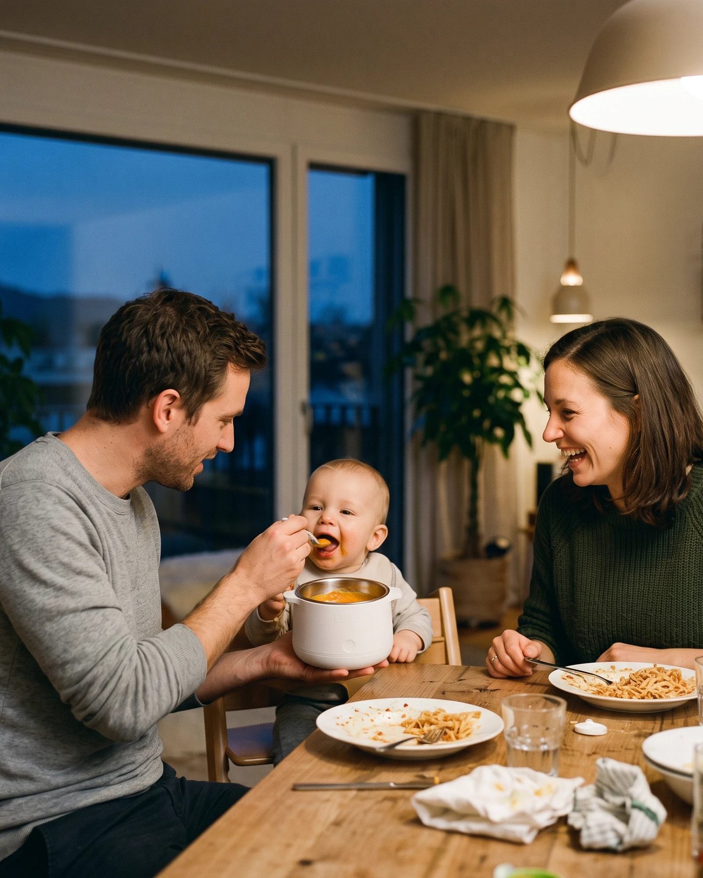 Famiglia a tavola con lo scaldapappa LIINI